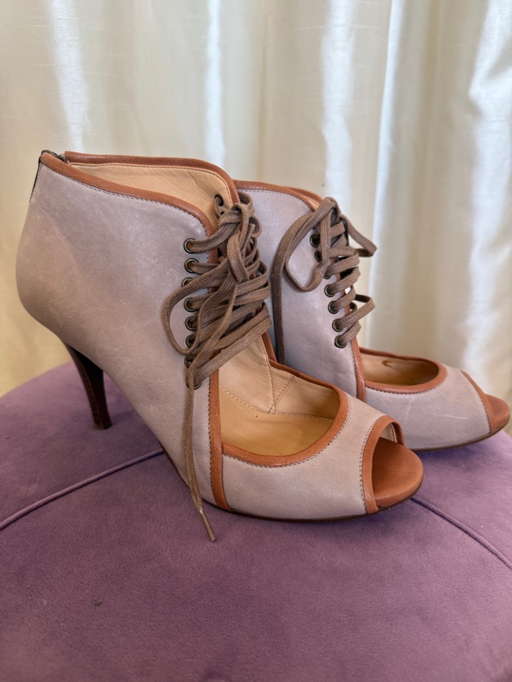 J. Crew Two-Tone Peep-Toe Lace-Up Heels in Light Beige and Tan Size 7
